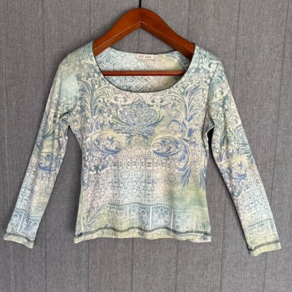 Y2K Xcit u.s.a. Blue Green Filigree Crystal Embellished Long Sleeve T Shirt - Picture 1 of 10